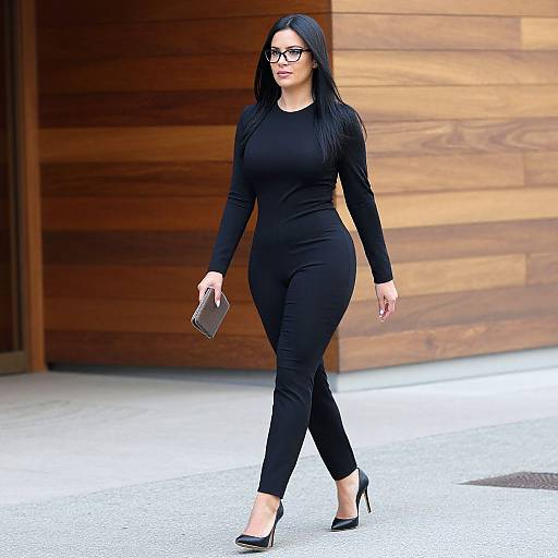 Photograph of a curvy woman with long black hair, glasses, and black form-fitting outfit, walking confidently in black heels, holding a small