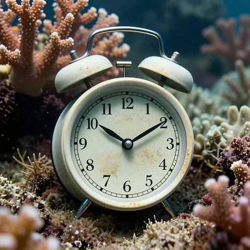 Vintage alarm clock with black hands and numbers, surrounded by colorful coral and seaweed, underwater photograph. Time reads 9:58.