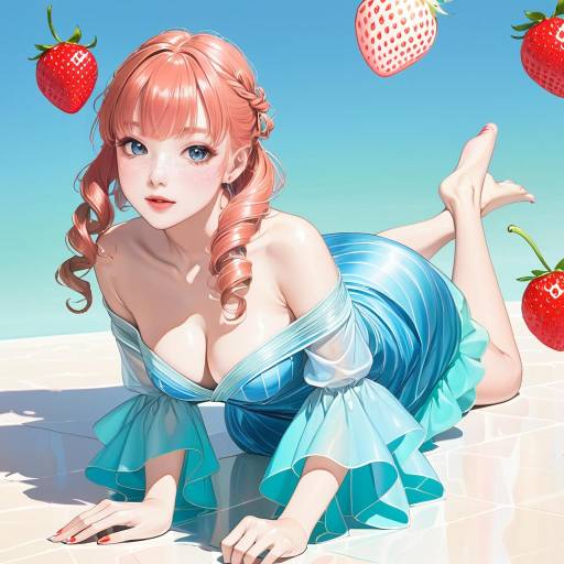 Photograph of a blonde woman with curly hair, wearing a teal off-shoulder top, kneeling on a white bed in a bright bedroom.