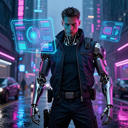 Cybernetic man with glowing neon blue holographic displays on shoulders stands in rain-lit, neon-lit city street in dark jacket. Phot