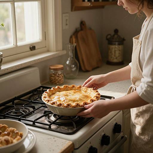 Photograph of a woman in a white apron, baking a pie on a stove, sunlight streaming through a window in a cozy kitchen.