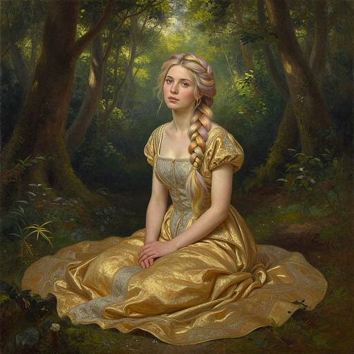 Digital painting of a fair-skinned, blonde woman with a braided hairstyle, wearing a golden, ornate dress, seated in a lush forest.