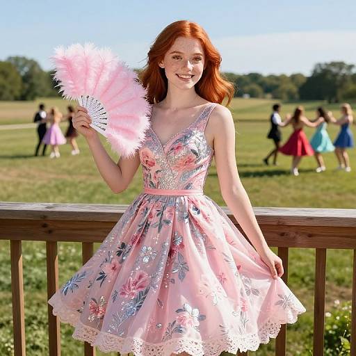 Photograph of a smiling red-haired woman in a pink floral dress holding a pink feather fan, standing on a wooden porch, with blurred people dancing in