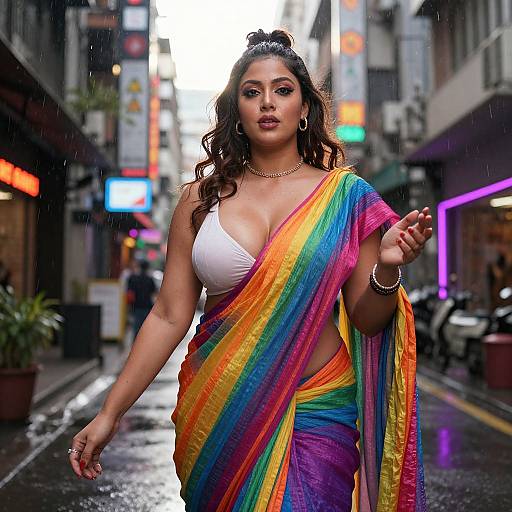 Photograph of a curvy South Asian woman with long dark hair, wearing a white top and colorful rainbow sari, walking confidently in a rainy urban