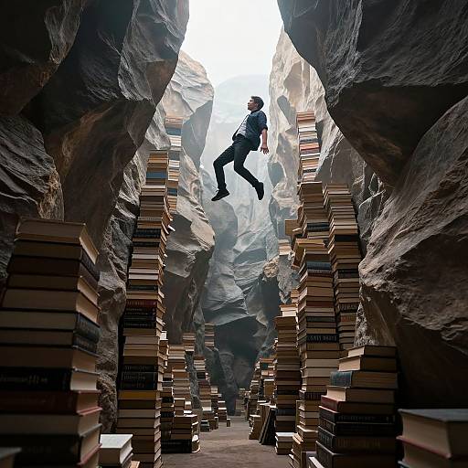 Photograph: Silhouetted person jumping between towering stacks of books in a narrow, rocky canyon with a bright sky above.