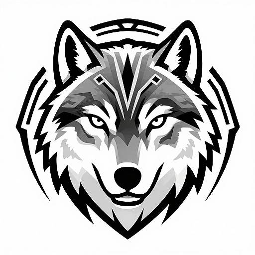 Black and white digital drawing of a smiling wolf's face with stylized, angular lines and sharp contrasts, creating a bold, graphic look.