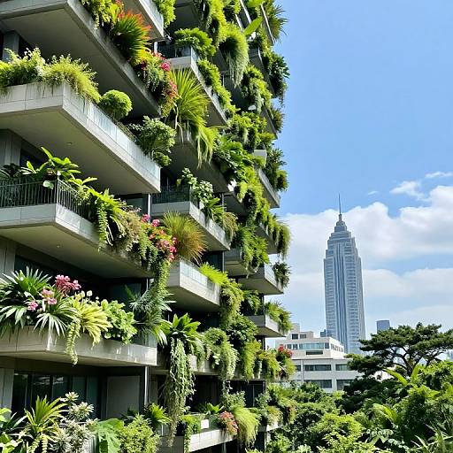 Photograph of a modern apartment building with lush green and colorful potted plants on every balcony, overlooking a tall, blue-skyed cityscape with