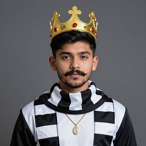Photograph of a young man with medium brown skin, black mustache, wearing a black-and-white striped robe, gold crown with red jewels, and
