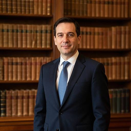 Photograph of a middle-aged man with short dark hair, wearing a dark blue suit, white shirt, and blue tie, standing in front of a