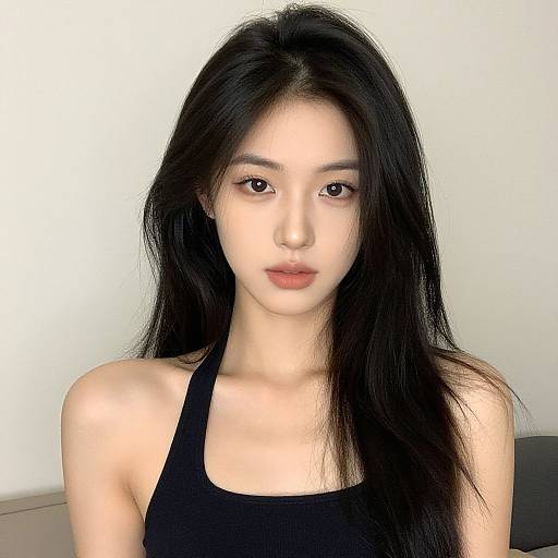 Photograph of an Asian woman with long black hair, fair skin, and brown eyes, wearing a black tank top, against a plain white background.