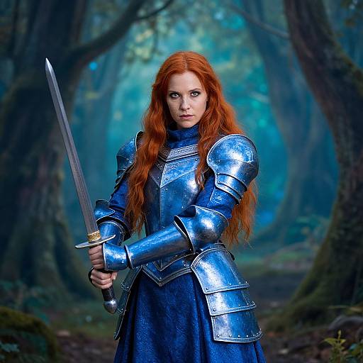 Photorealistic digital art of a red-haired woman in blue metallic armor, holding a sword in a misty forest, intense gaze.