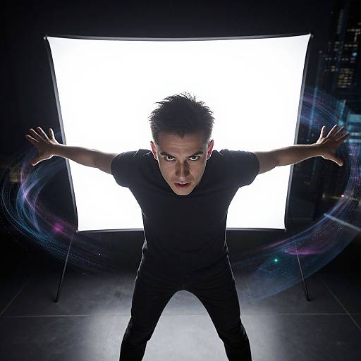 Photograph of an intense, dark-haired man in a black shirt and pants, standing with arms outstretched, backlit by a bright white square
