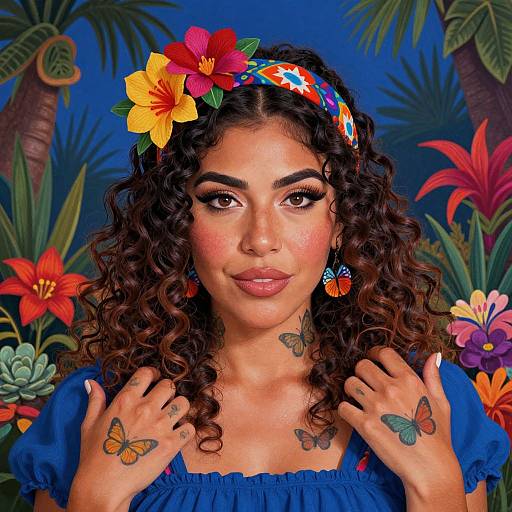 Photograph of a curvy Latina woman with curly brown hair, floral headband, colorful flowers, blue dress, butterfly tattoos, and vibrant tropical background