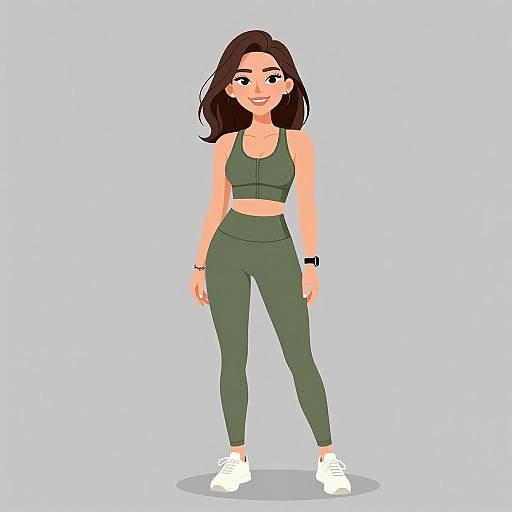 Digital illustration of a smiling woman with long brown hair, wearing a green sports bra and matching high-waisted leggings, white sneakers, and a black