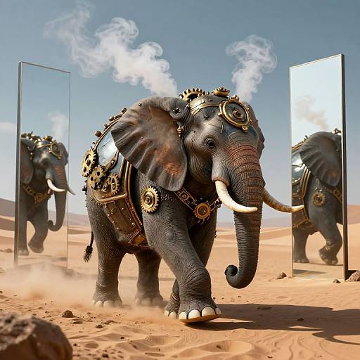 Digital artwork of a steampunk elephant with gears, mirrors, and smoke, walking in a desert with two reflective panels.
