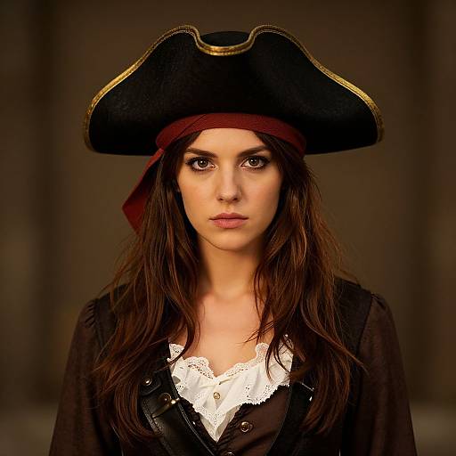 Photograph of a young woman with long brown hair, wearing a black pirate hat, red bandana, black coat, and white lace shirt, against