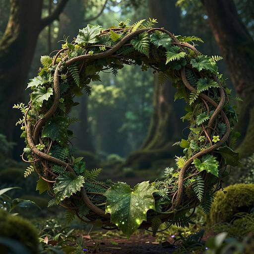 Photorealistic forest wreath made from twisted brown vines adorned with vibrant green ferns, set in a lush, sunlit woodland.