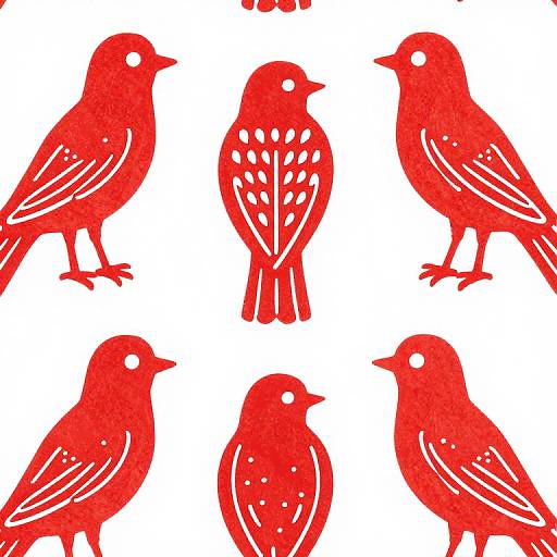 Red bird silhouettes with white accents, arranged in a repeating pattern on a white background. Digital illustration.