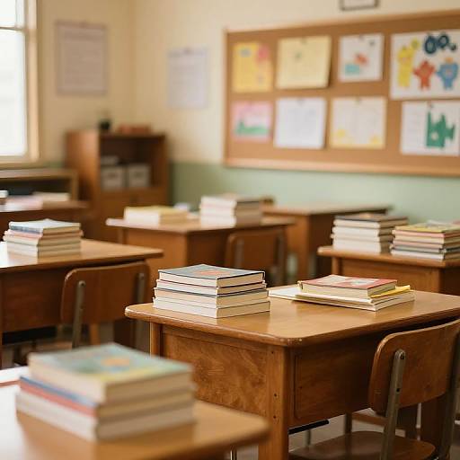 Photograph of a bright classroom with wooden desks, stacks of colorful books, a bulletin board with children's artwork, and light green walls.