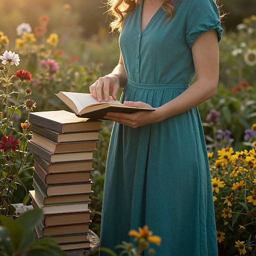 Photograph of a woman in a teal dress reading a book from a stack, standing in a sunlit, colorful flower garden.
