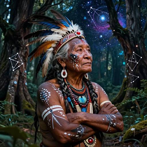 Photograph of an elderly Native American man with intricate white face and body paint, colorful feather headdress, and traditional jewelry, standing confidently in a mystical
