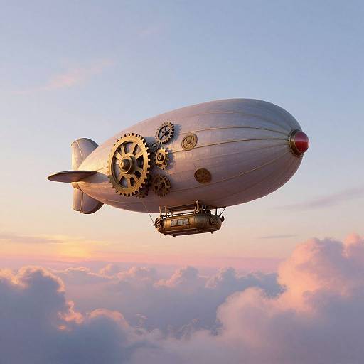 Photograph of a vintage-style airship with large gears and a red nose, soaring above a pink and blue sunset sky.