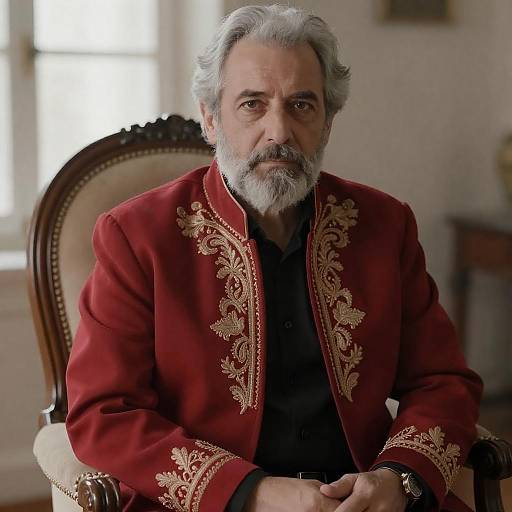 Serious Portrait of Man in Embroidered Jacket