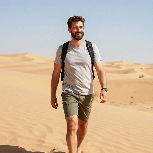 Photograph of a bearded man with brown hair, wearing a white t-shirt, olive shorts, black backpack, and watch, walking in a bright