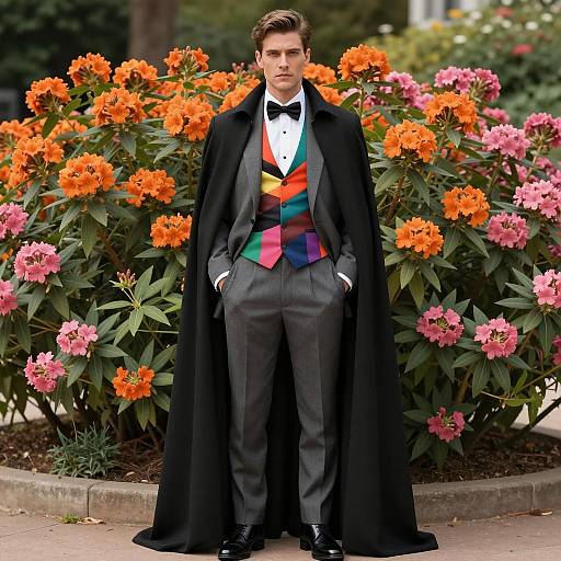 Man in Colorful Waistcoat and Black Cape