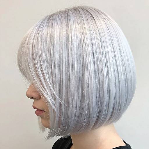 Photograph of a woman with a side profile, showcasing a sleek, shiny, silver-white bob haircut, partially covering her eyes. White background.