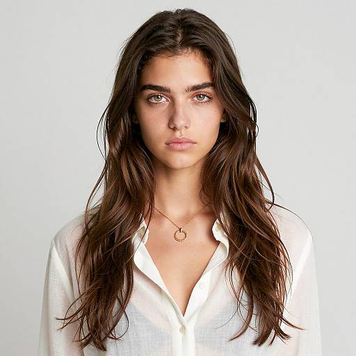 Young Woman with Long Brown Hair and White Blouse
