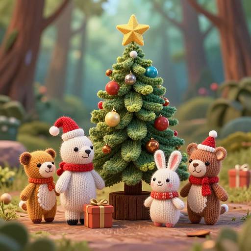 Photorealistic CGI of five knitted, stuffed animals in red scarves around a decorated Christmas tree in a forest, with gifts and sunlight filtering through