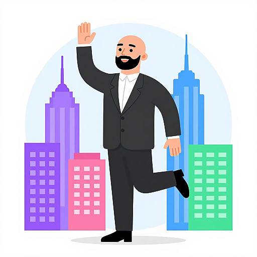 Joyful Businessman with Colorful Skyscrapers
