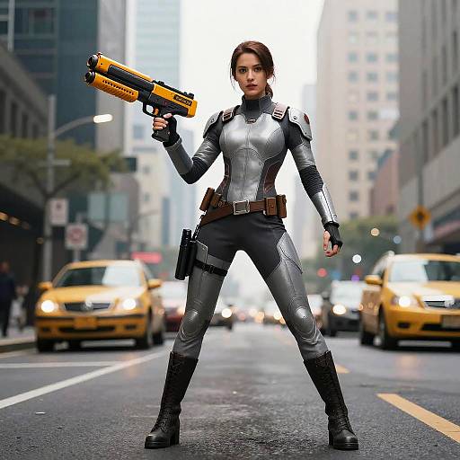 Woman in Futuristic Suit Holding Nerf Gun in City