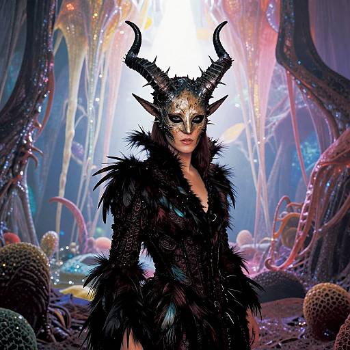 Digital fantasy artwork of a dark, horned, masked female figure with black feathered attire, standing in a glowing, surreal forest.