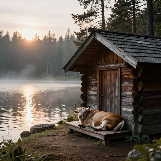 Photograph of a serene lakeside scene at sunrise, featuring a wooden cabin with two resting cows on a bench, surrounded by misty trees and reflective