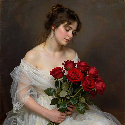Portrait of a fair-skinned woman with dark hair, wearing an off-shoulder white lace dress, holding a bouquet of vibrant red roses, against