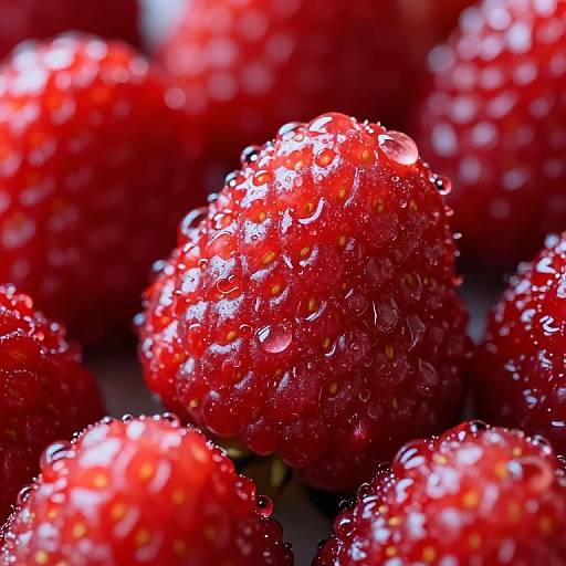 Close-up photograph of bright red, dewy strawberries with water droplets, creating a glossy, fresh, and vibrant texture.