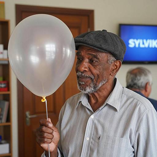 Middle-Aged Man Holding Clear Balloon Indoors