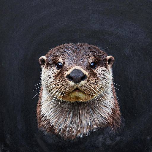Photograph of a curious otter with dark eyes, wet brown and white fur, and a black nose, centered against a black background.