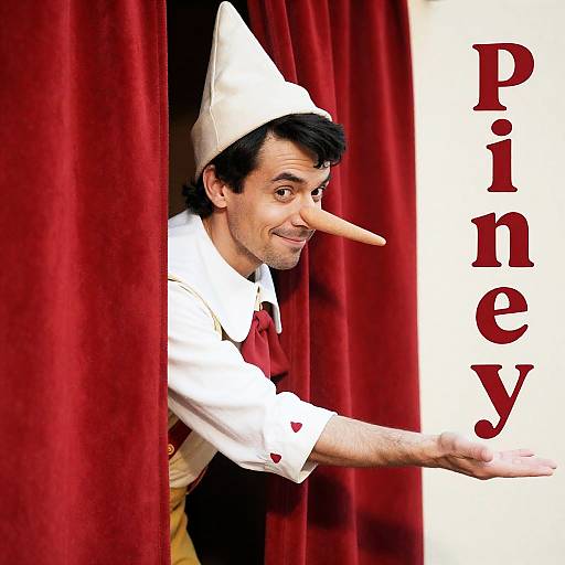 Pinochio Peeking Through Red Curtains