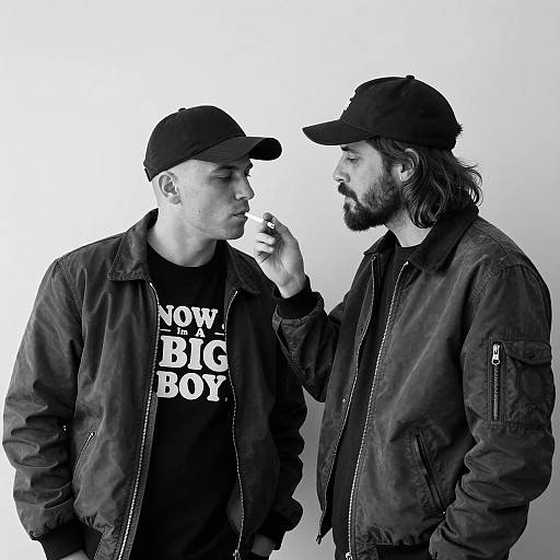 Two men sharing a cigarette in black and white