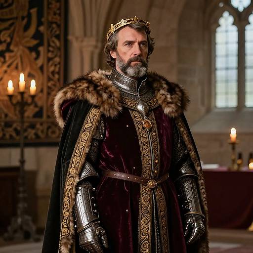 Photograph of a bearded man in medieval armor with a fur-lined black robe, gold crown, and ornate details, standing in a dimly