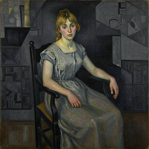 Oil painting of a fair-skinned woman with blonde hair, wearing a blue-gray dress, seated in a dark, geometric-patterned room.