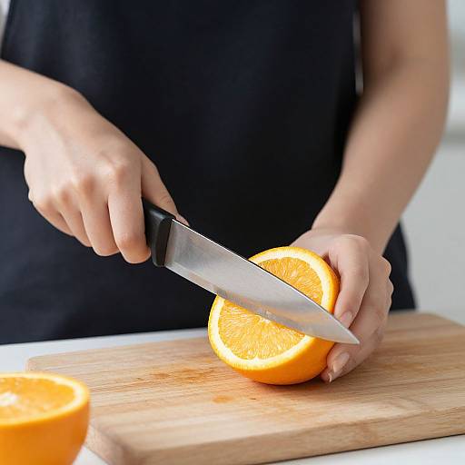 Photograph of a person slicing an orange on a wooden cutting board, wearing a black sleeveless top, with another orange in the background.
