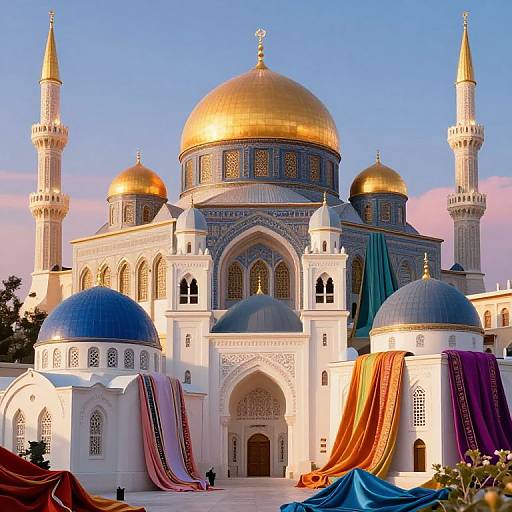 Photograph of a stunning Islamic mosque with golden domes, blue and white minarets, colorful draped fabrics, and intricate arches.