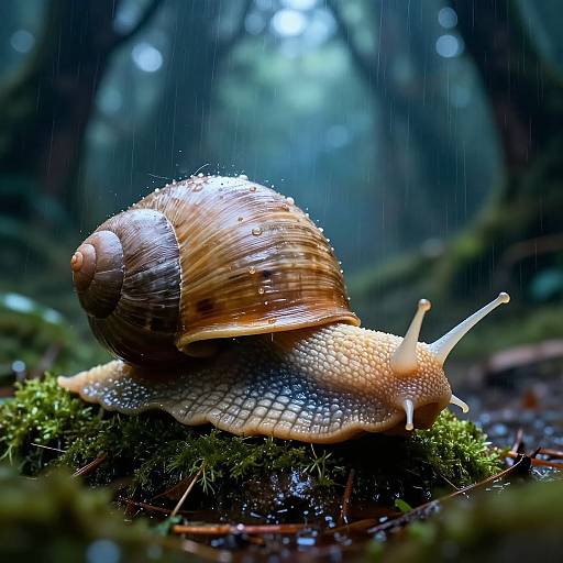 Photograph of a wet, brown-and-white snail with dew-covered shell, crawling on green moss in a rain-soaked, blurred forest background.