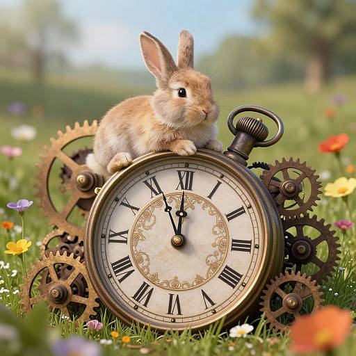Photograph of a cute brown bunny with large ears sitting on a vintage clock with gears in a colorful meadow.