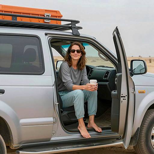 Woman Sitting in Truck Door with Coffee
