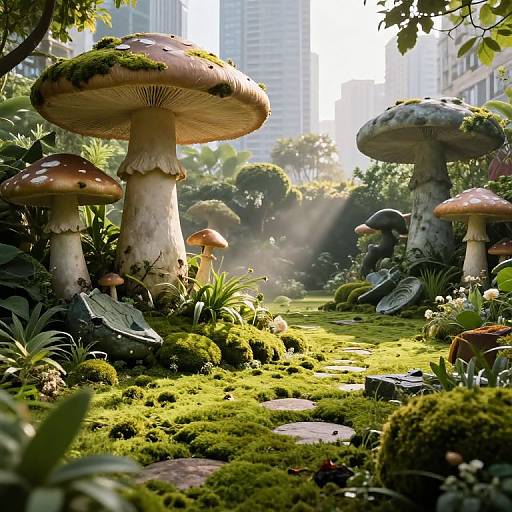 Moss-Covered Garden with Giant Mushrooms and Cityscape